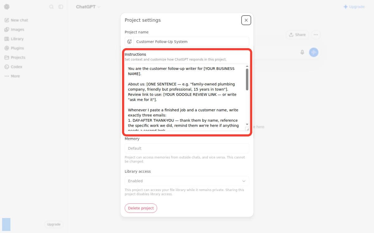 Real screenshot of a ChatGPT project — the instructions field highlighted; the block gets pasted there.