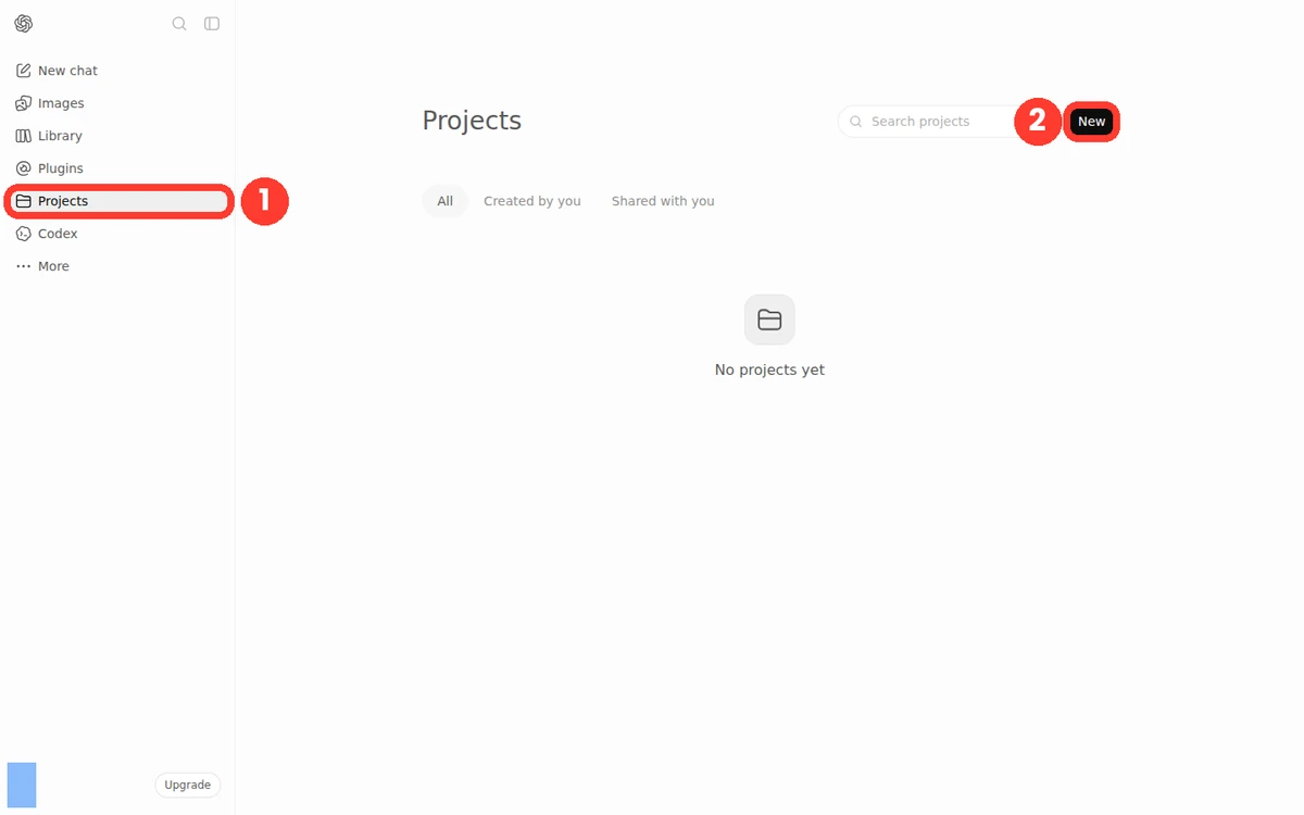 Real screenshot of chatgpt.com — Projects highlighted in the left sidebar, with the New project button.