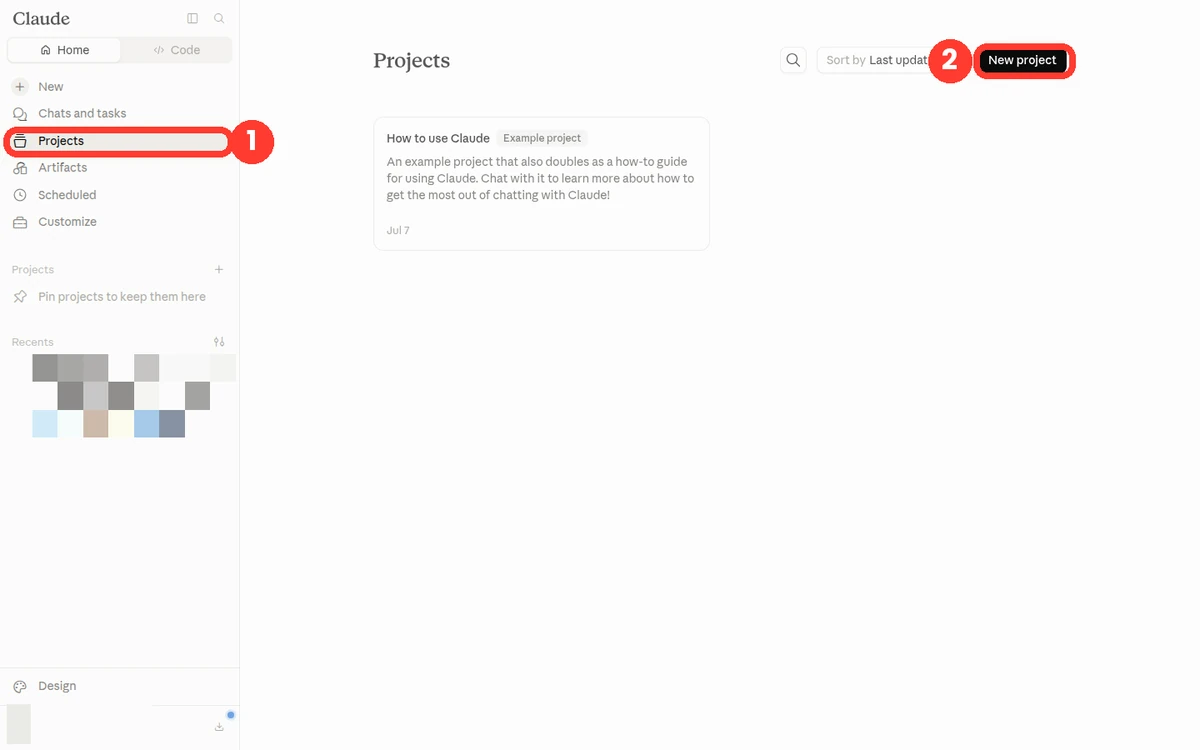 Real screenshot of claude.ai — Projects highlighted in the left sidebar, with the New project button.