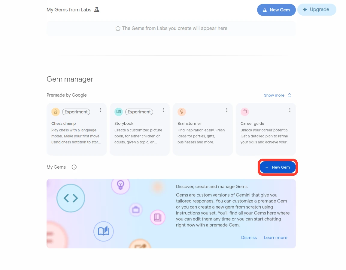 Real screenshot of the Gemini Gems page — the New Gem button highlighted.